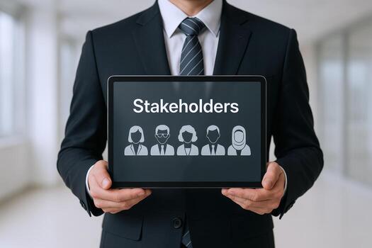 Businessman displaying stakeholders concept on digital tablet, illustrating diverse team, collaboration, and management strategies photo