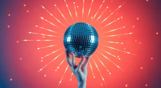 Hand Holding Sparkling Disco Ball Against Red Gradient Background with Bokeh, Celebratory, Party photo