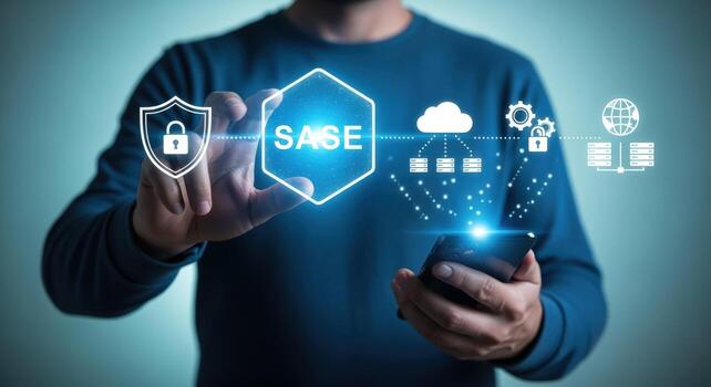 Secure Access Service Edge Conceptual Illustration Man Interacting with SASE Network for Data Protection photo