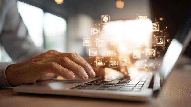Professional Using Laptop With Floating Digital Icons Depicting Digital Marketing and Business Related Applications photo