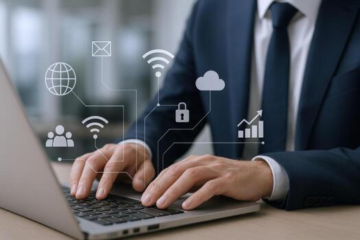 Professional Typing on Laptop with Digital Network Overlay for Business and Technology Concepts photo