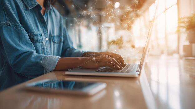 Woman Typing on Laptop with Abstract Network Overlay Technology, Communication, and Connectivity Concept photo