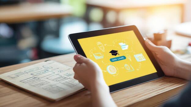 Online Education on Tablet Hands Holding Device Displaying E-learning Platform Graphics for Modern Learning photo