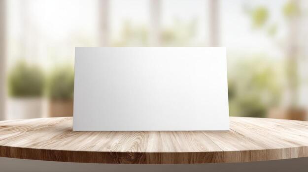 Blank Card Mockup on Wooden Table with Blurred Background for Creative Content Display photo
