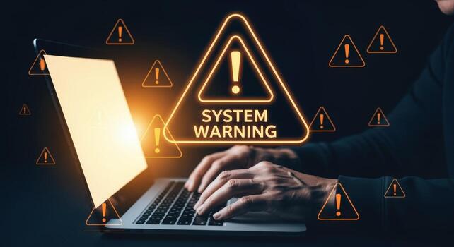 Cybersecurity Threat Alert Person Typing on Laptop Receiving System Warning Notification, Indicating Potential Data Breach and Security Vulnerability photo