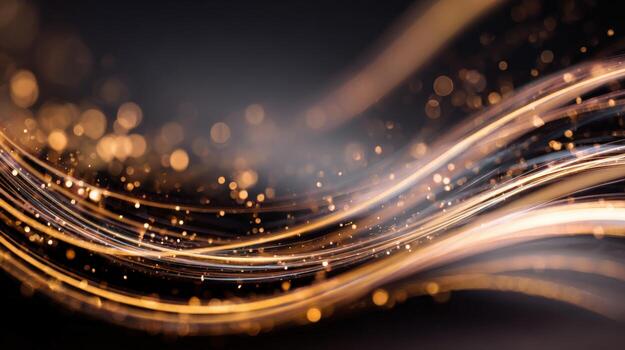 Abstract Gold Light Trails on Dark Background, Elegant Swirls and Bokeh for Creative Design photo