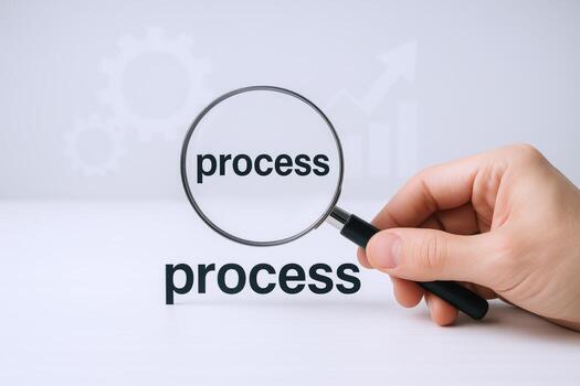Process Analysis with Magnifying Glass on White Background Displaying Gears and Upward Trend photo
