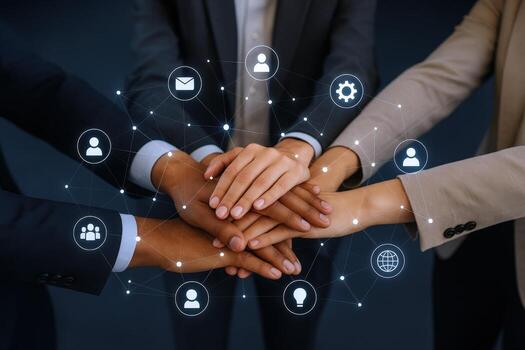 Diverse Business Team Hands Together with Networking Icons Symbolizing Collaboration and Global Partnership Success photo