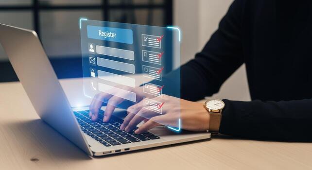 Online Registration Process Man Completes Digital Form on Laptop with Futuristic Interface photo