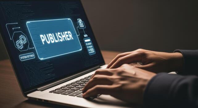 Man typing on laptop displaying user interface, software development and digital publishing concept photo