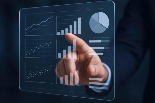 Interactive Data Visualization Man Touching Transparent Screen Displaying Charts and Graphs for Business Analysis photo