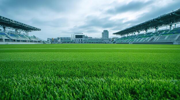 Empty Stadium with Green Grass Field on Overcast Day Ready for Sports and Recreation photo