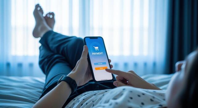 mujer utilizando móvil bancario aplicación en teléfono inteligente acostado en cama para en línea pago transacción foto