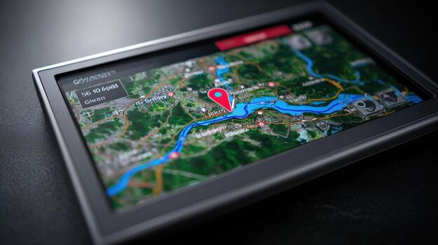 GPS Navigation Device Displaying a Detailed Route with Red Pin Location on Black Surface photo