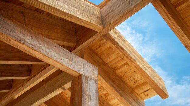 Wooden Building Framework Construction with Sky Background Timber Frame Structure, Home Carpentry and Sustainable Architecture photo