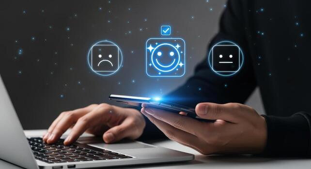 Customer Feedback Survey with Glowing Smiley Faces, User Experience Evaluation, Digital Interface on Mobile Phone photo