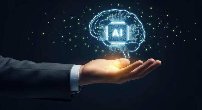 Artificial Intelligence Concept Businessman Holding Digital Brain with AI Chip in Hand, Futuristic Technology photo