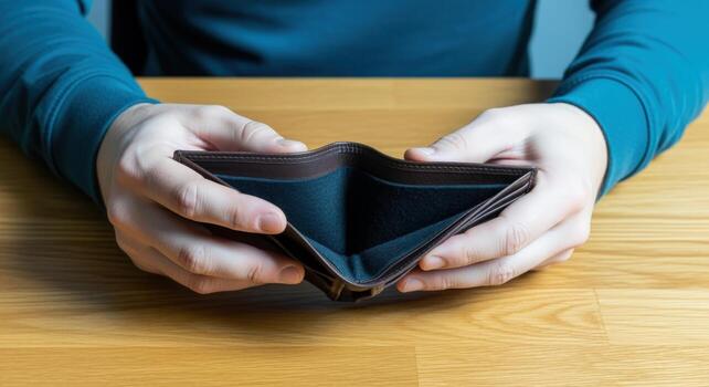 Empty Wallet Held by Person Demonstrates Financial Difficulty and Economic Hardship Concept on Wooden Table photo