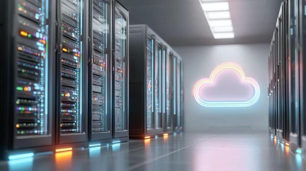 Server Room Data Center with Cloud Computing Symbol Representing Modern IT Infrastructure photo