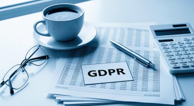 GDPR Compliance Concept Coffee, Glasses, Pen, and Calculator on Data Sheet Displaying Regulations photo