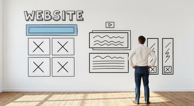 Website Design Conceptualization Man Analyzing Mockup on Wall for User Interface and Experience Planning photo