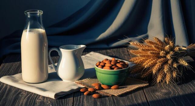 Almond Milk Still Life with Nuts, Wheat Stalks, and Rustic Tablecloth Presentation photo