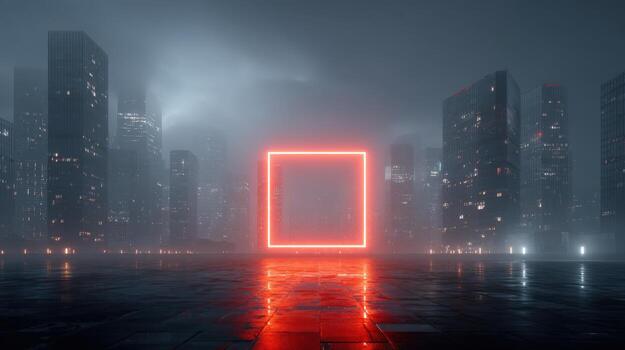 Futuristic Cityscape with Neon Square Portal Modern Urban Scene with Glowing Geometric Element photo