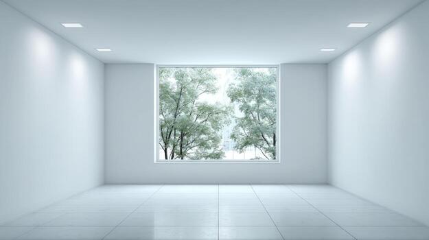 Bright Empty Room with Large Window Overlooking Trees, Modern Interior Design and Architecture photo