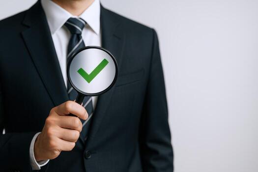 Business Compliance Concept Man Holds Magnifying Glass with Check Mark, Symbolizing Approval and Accuracy photo