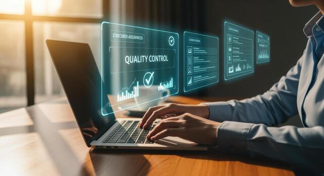 Quality Control Management System Businesswoman Monitoring Digital Dashboard on Laptop for Efficiency and Assurance photo