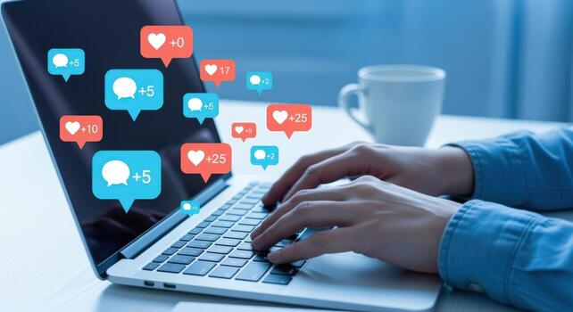 Engaged professional interacts with vibrant social media notifications on a laptop, showcasing digital interaction and connection photo