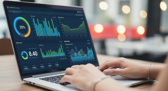 Data Analysis on Laptop Display Womans Hands Typing for Business Insights and Strategy photo