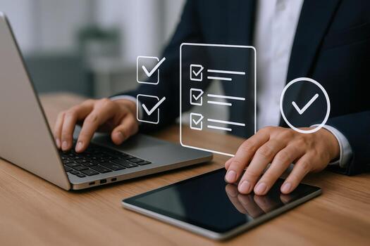 Hands on Laptop with Checklist Overlay Business Task Management and Digital Productivity Concept photo