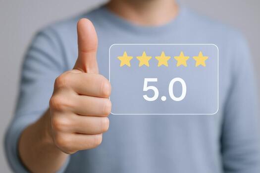 Five Stars Customer Satisfaction Concept Hand Showing Thumb Up With Digital 50 Rating Overlay photo