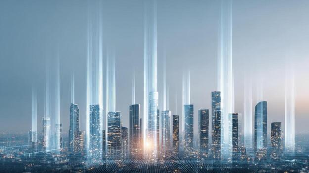 Futuristic Cityscape with Data Streams and Abstract Light Beams Connecting Buildings, Representing Technology and Innovation photo