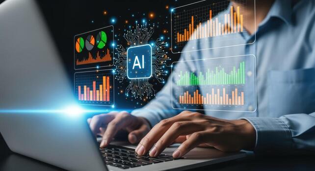 Analyzing AI Data on Laptop Man Working with Artificial Intelligence and Business Analytics photo