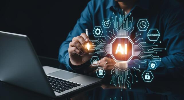 Artificial Intelligence Technology Concept Businessman Interacting with AI Interface on a Laptop for Innovative Solutions photo