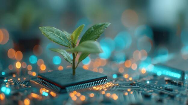 Sustainable Technology Concept Plant Growing on Microchip with Bokeh Lights, Symbolizing Green Tech and Innovation photo