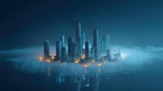 Futuristic Cityscape Emerging from Mist with Reflections, Representing Innovation and Modern Urban Development photo