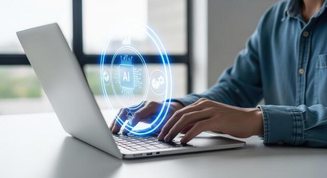 Person Typing on Laptop with AI Hologram Overlay for Technology and Innovation Concepts photo