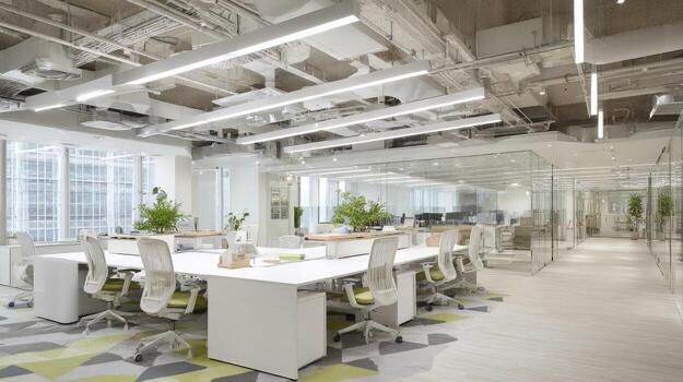 Bright Modern Open Office Space with White Desks, Chairs, and Glass Partitions for Collaborative Work photo