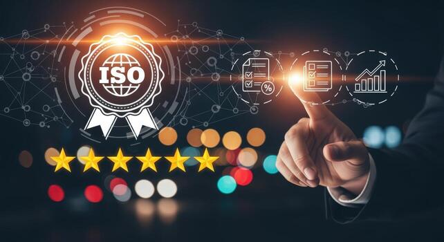 Achieving ISO Certification Business Person Demonstrates Quality Management Standards and Process Excellence Through Digital Interface photo