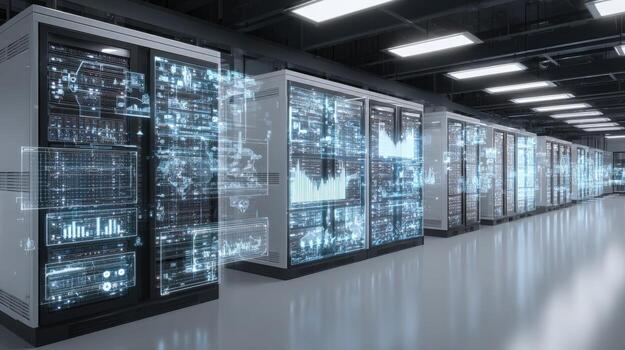 Server Room with Futuristic Holographic Displays Visualizing Data, Analytics, and Network Operations photo