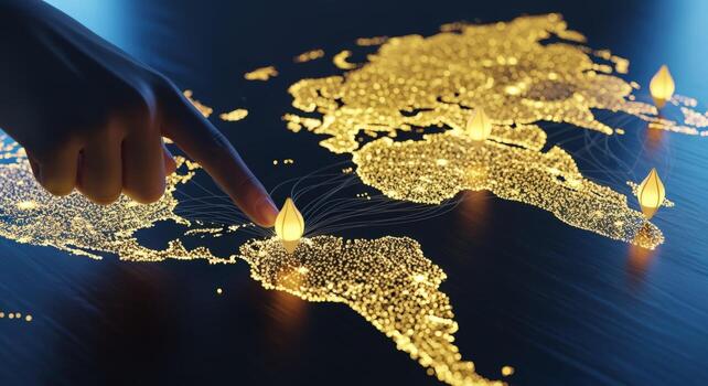 Global Illumination Finger Pointing at Illuminated World Map Depicting Global Network Connectivity and Worldwide Business photo