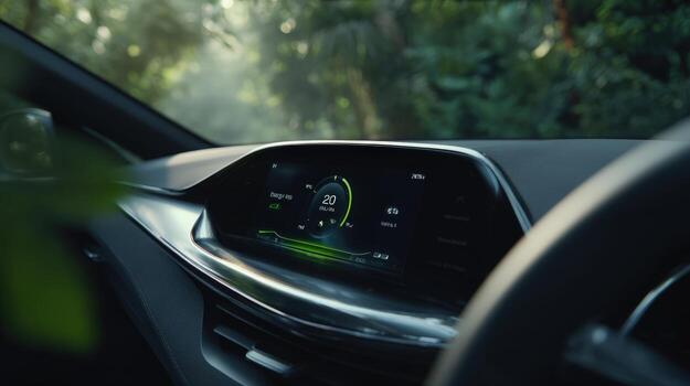 Modern Electric Vehicle Dashboard Displaying Speed and Energy Efficiency in an Eco-Friendly Setting photo