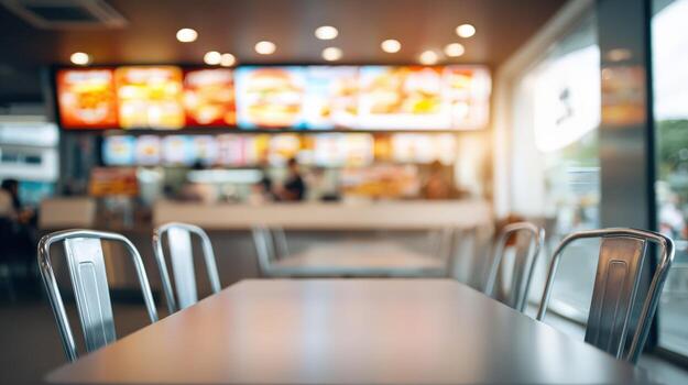 Modern Cafe Interior with Empty Tables and Chairs, Menu Board in Background, Sunny Day photo