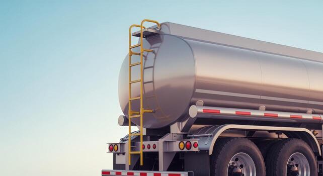 Tanker Truck Close-Up Transporting Liquids and Gases with Safety Features, Chrome Finish, and Clear Sky Background photo
