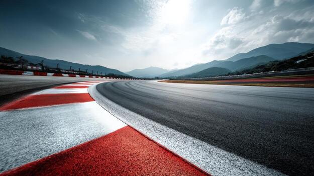 Dramatic Low Angle View of a Professional Asphalt Race Track with Mountain Backdrop photo