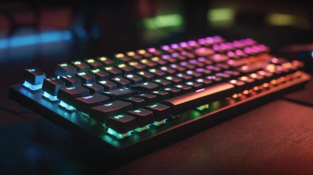 Illuminated Mechanical Keyboard Displaying Vibrant RGB Lighting for Gaming and Professional Use in a Dark Environment photo