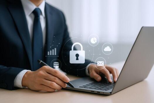 la seguridad cibernética profesional trabajando en ordenador portátil con seguridad iconos, proteger datos y asegurando en línea la seguridad medidas foto